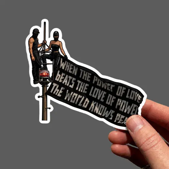 NYC Climbers Peace Banner Sticker, Skyscraper Climbers Rooftop Couple Vinyl Decal, Peace Banner NYC, Daredevil Couple Laptop Sticker